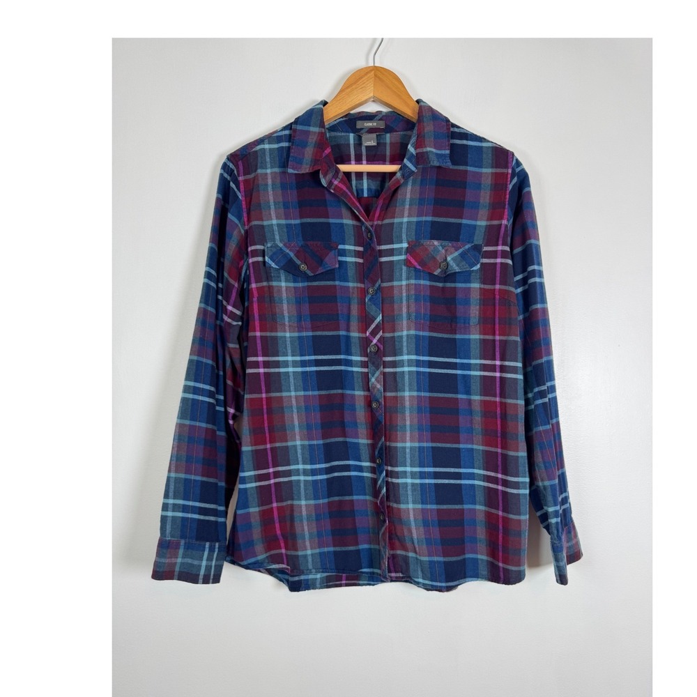 Cabincore Eddie Bauer Womens Large Flannel Shirt Navy Burgundy Plaid Button Up